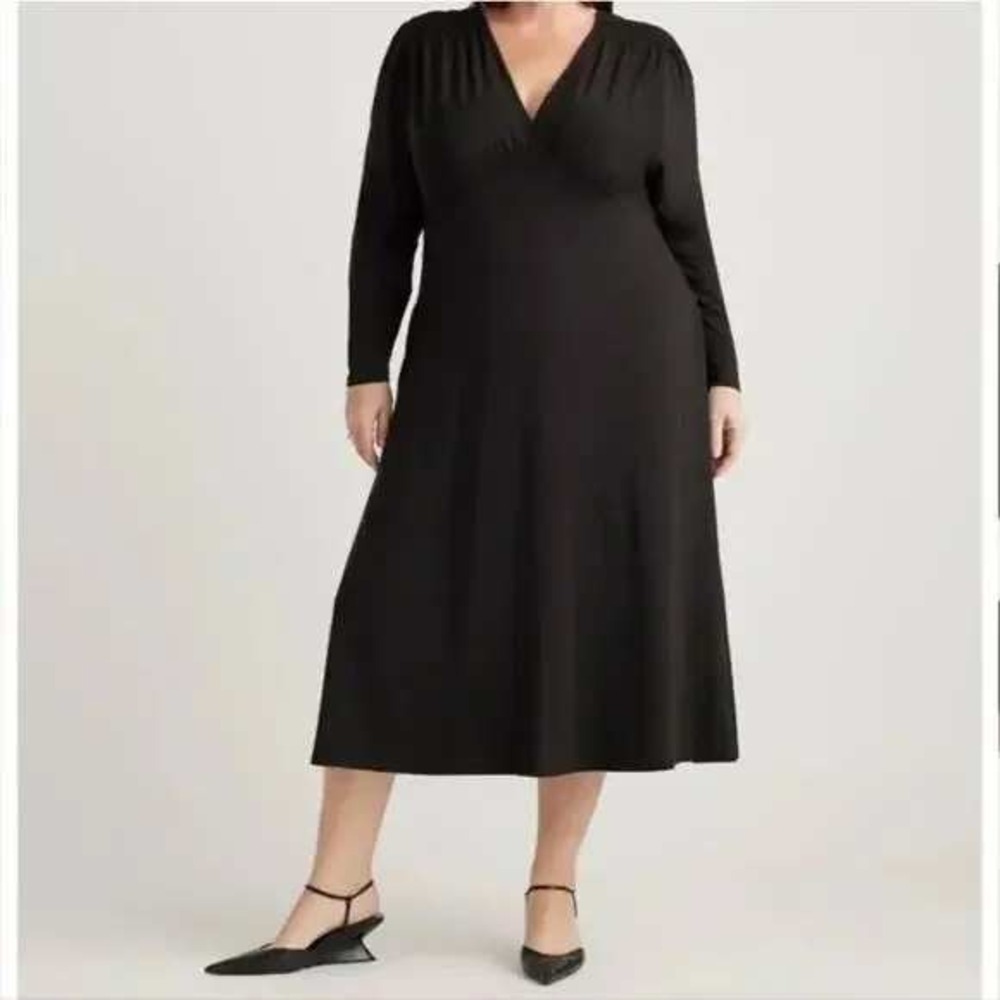 NWT Quince Tencel Jersey V-Neck Long Sleeve Midi Dress Black XL HTF Color Rare!